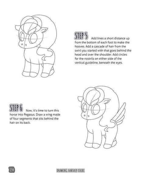 Two steps in drawing a fantasy chibi pegasus