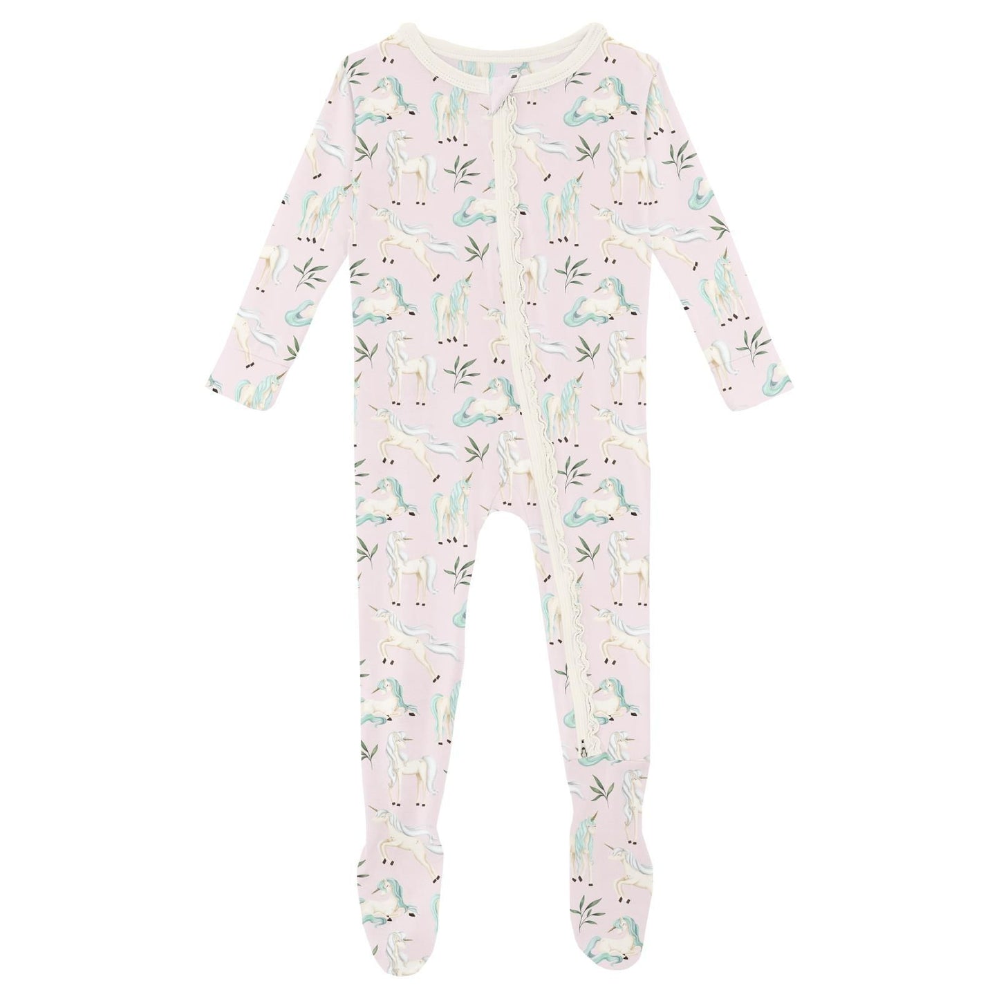 Footie with Muffin Ruffles (2-Way Zipper) - Shrinking Violet Sleeping Unicorns