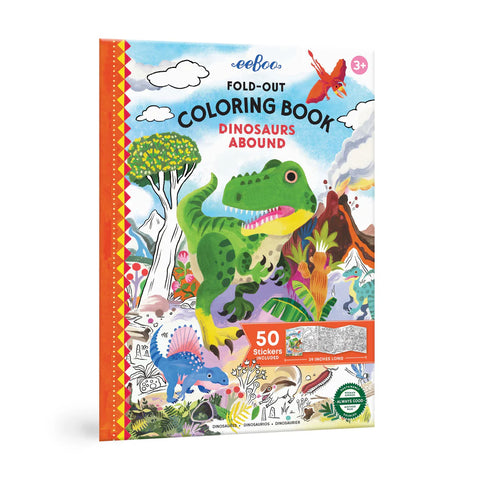 Image shows the front cover for the fold-out coloring book, Dinosaurs Abound