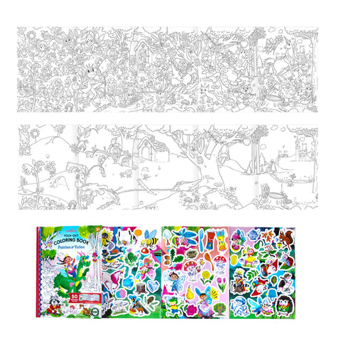Image shows two examples of the fold-out coloring pages and one example of the sticker pages