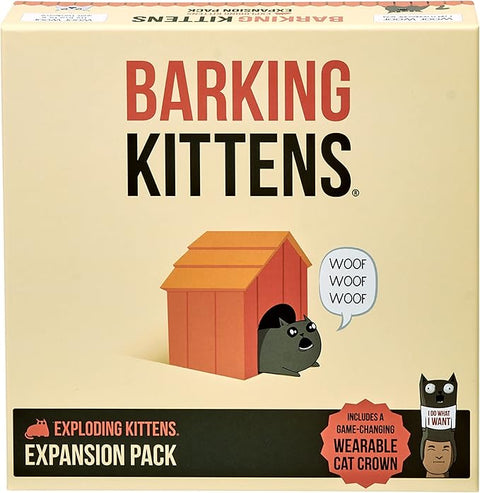 Image shows the box for the Barking Kittens expansion pack. There is a cat in a doghouse saying, "woof woof woof".