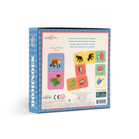 Image shows the back of the game box for Busy Woods Dominoes