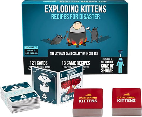 Image shows the game box for "Recipes for Disaster" with two different stacks of cards in front.