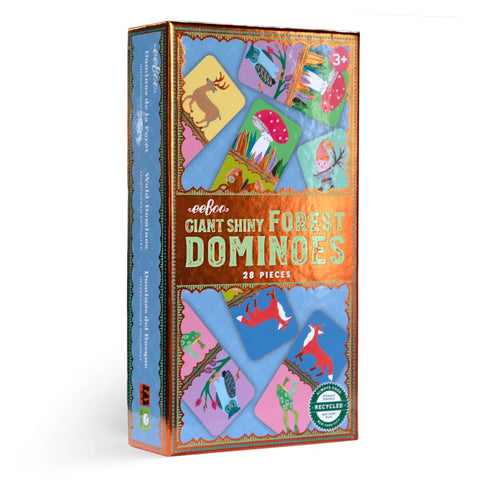 Image shows the game box for Giant Shiny Forest Dominoes. It has mushrooms, foxes, and deer.