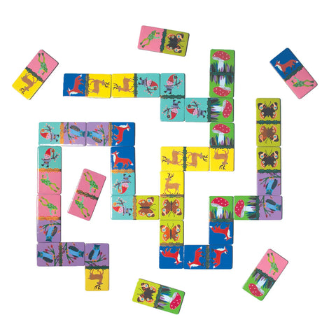Image shows the dominoes laid out in a pattern. There are woodland animals, bugs, gnomes, and mushrooms.