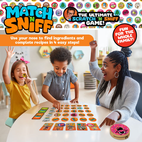Children playing a 'Match 'N Sniff' game with colorful ingredients and a woman pointing at a board.