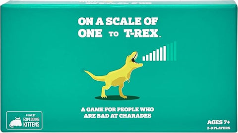 Image shows the box cover for the game "On a Scale from One to T-Rex"