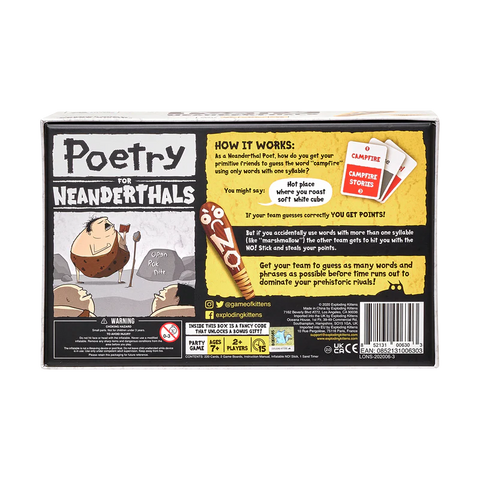Box of 'Poetry for Neanderthals' game with cartoon illustrations and text.