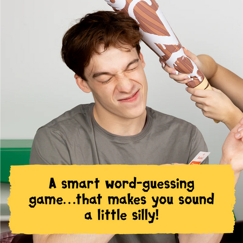 A person being hit over the head with an inflatable wood club