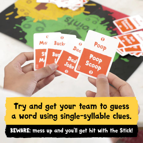 Card game with cards held by hands and text about guessing words using single-syllable clues.