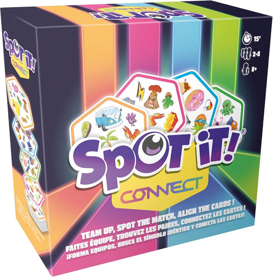 Image shows the front box for Spot It! Connect.  It is bright and colorful.