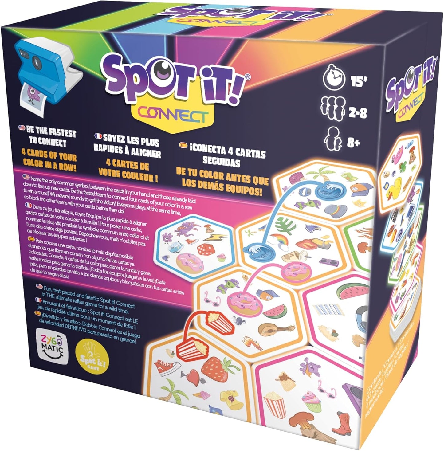 Image shows the back of the Spot It Connect box, which has the rules for game play.