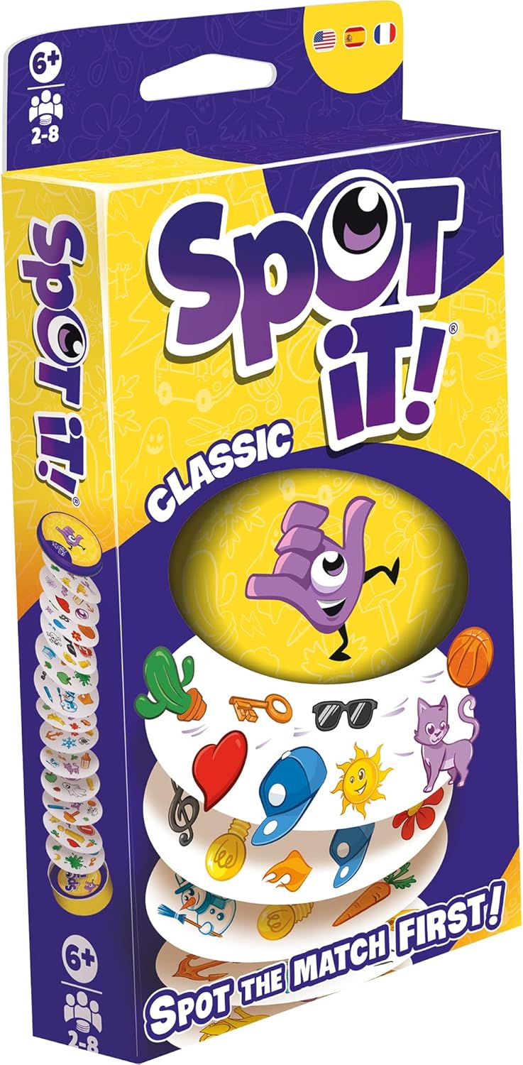 Image shows the front of the Spot It! Classic box. It is purple and yellow.