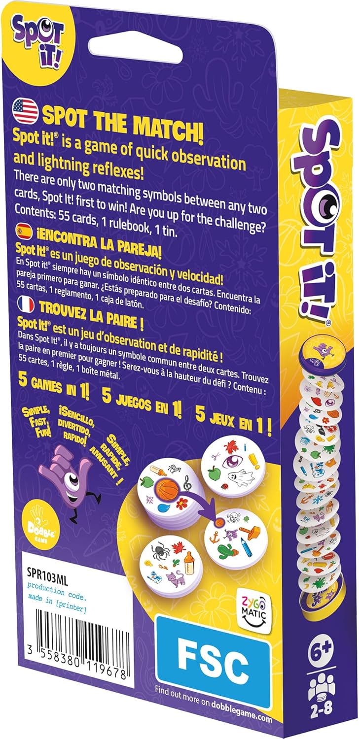 Image shows the back of the Spot It! Classic box, with a brief review of game play.