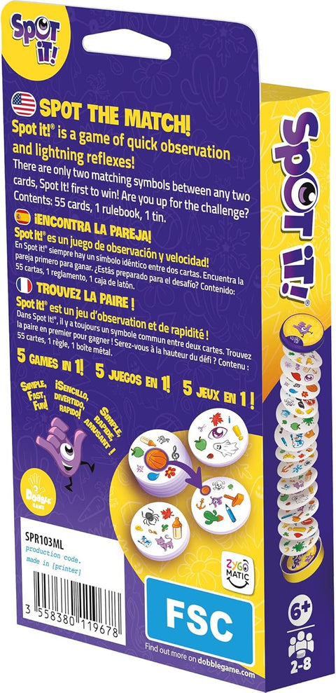 Image shows the back of the Spot It! Classic box, with a brief review of game play.