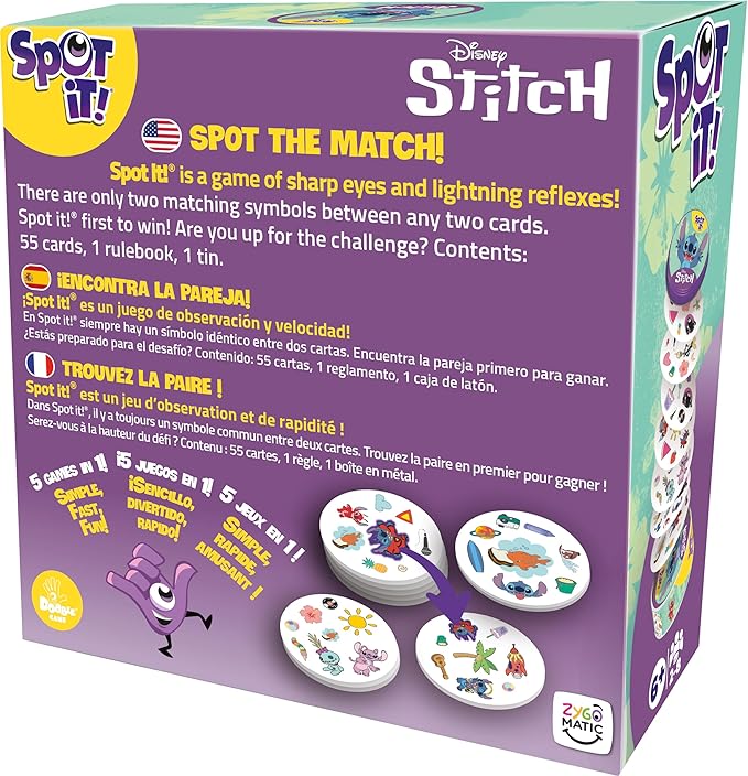 Image shows the back box for Spot It! Lilo & Stitch. It has the game rules.