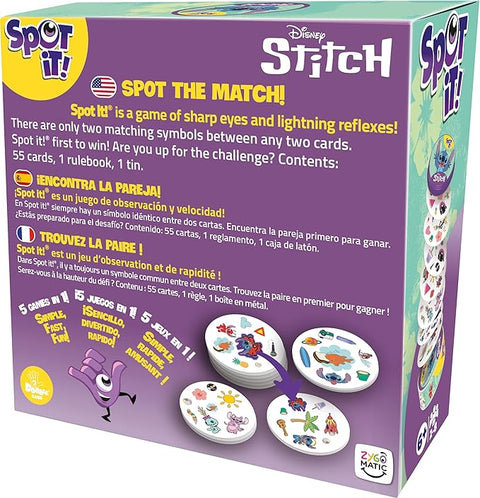 Image shows the back box for Spot It! Lilo & Stitch. It has the game rules.