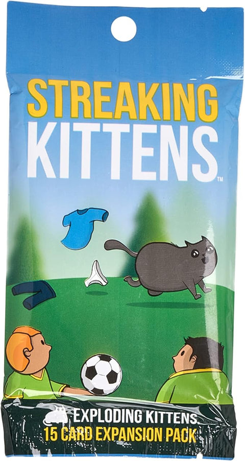 Image shows the package for the Streaking Kittens Expansion Pack. There is a kitten with clothes flying behind it.