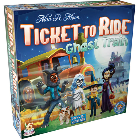 Board game box for 'Ticket to Ride: Ghost Train' featuring characters and a train on a colorful background.