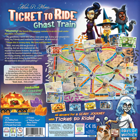 Back of Ticket to Ride: Ghost Train box. It shows the game board laid out.