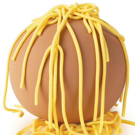 Image shows the giant meatball with spaghetti noodles on top of it