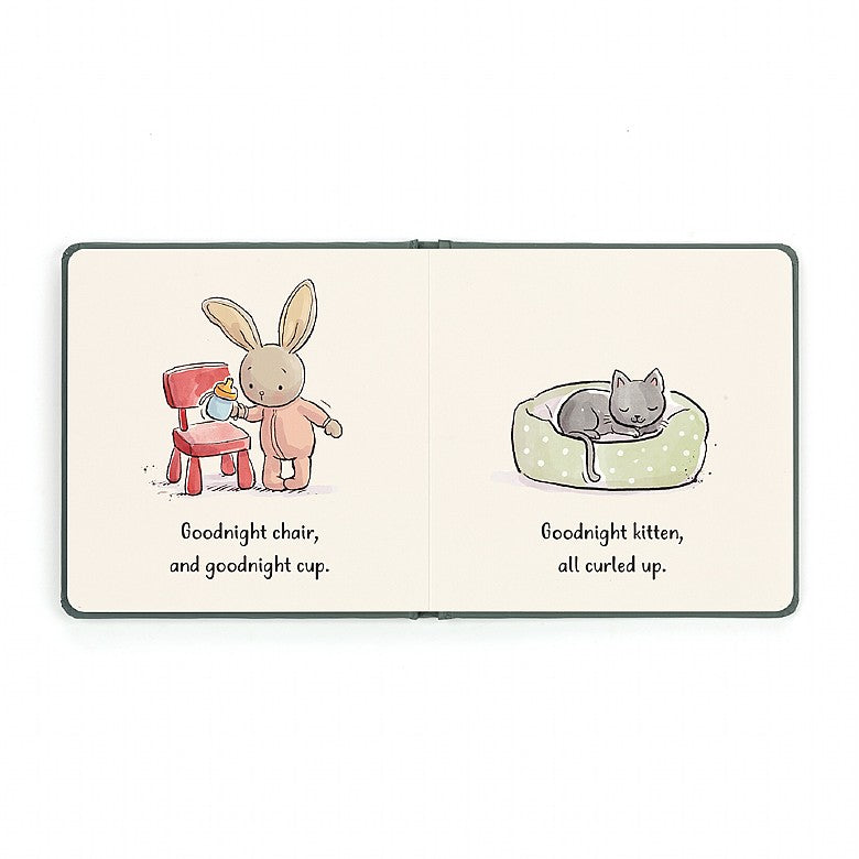 Inside pages of board book read "goodnight chair and goodnight cup" and "goodnight kitten all curled up" with illustrations