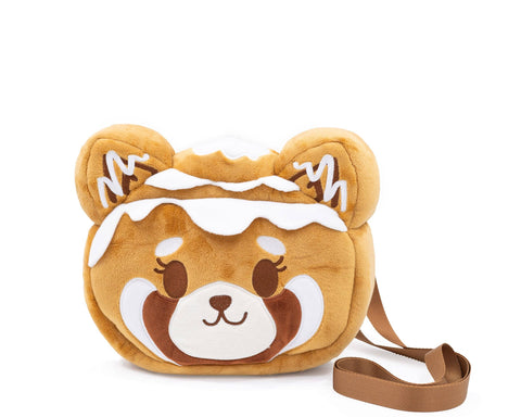 Image shows a plush handbag in the shape of a Red Panda. The whites of the Red Panda are cinnamon roll icing.