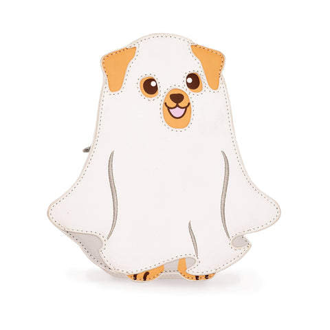 Image shows a handbag in the design of a dog dressed in a ghost costume