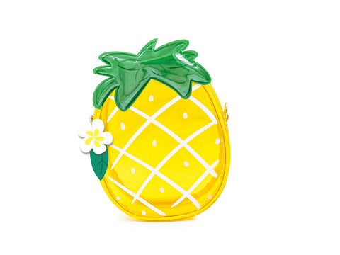 Image shows a jelly-like handbag in the shape & style of a pineapple.