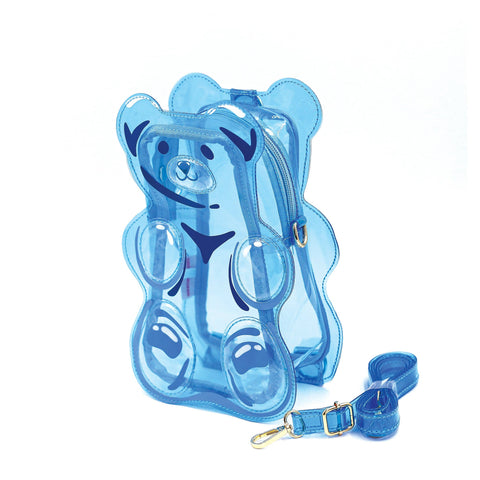 Image shows a jelly-like handbag in the shape of a blue gummy bear