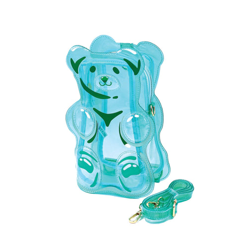 Image shows a jelly-type handbag of a gummy bear in a mint color.