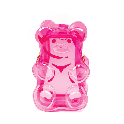 Image shows a jelly-like handbag in the shape of a pink gummy bear.