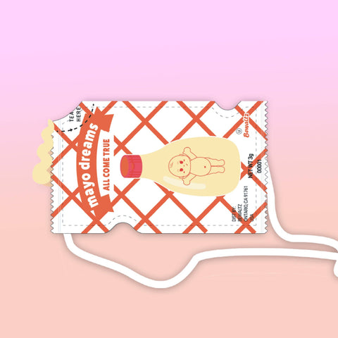 Image shows a drawing of a crossbody bag shaped like a mayo packet. It reads "mayo your dreams come true" and has a mayo bottle.