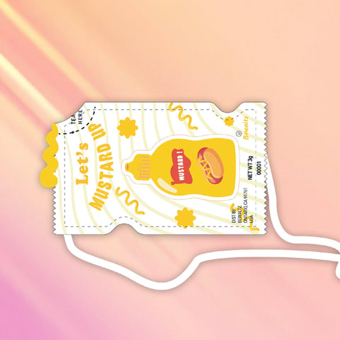 Image shows a drawing of a crossbody bag in the shape of a mustard packet. It reads "let's mustard up" and has a bottle of mustard.