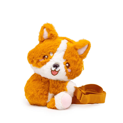 Image shows a stuffed Corgi crossbody bag