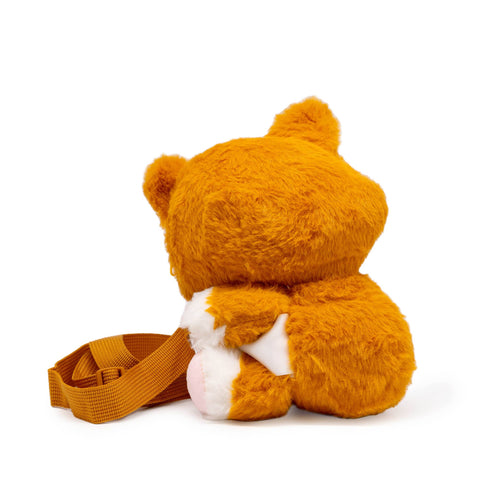 Image shows a back view of the stuffed Corgi crossbody bag