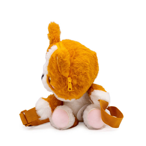 Image shows a side view of the stuffed Corgi crossbody bag