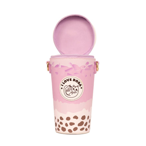 Image shows a front view of the boba tea handbag with the lid unzipped and open
