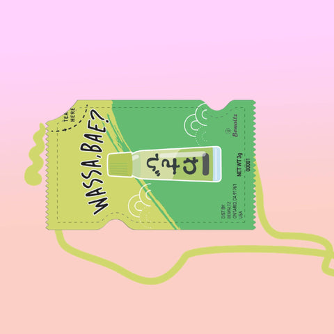 Image shows a drawing of a crossbody bag in the shape of a wasabi packet. It reads "wassa, bae" and has a wasabi bottle.