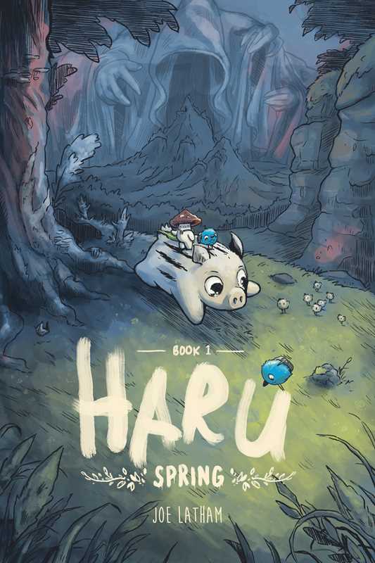 Image shows a book cover titled "Haru". A pig runs through a forest with a small bird and a mushroom on its back.