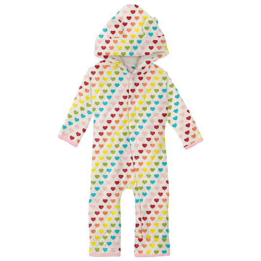 Quilted Coverall with Sherpa Lined Hood - Rainbow Hearts + Lotus Happy Teddy