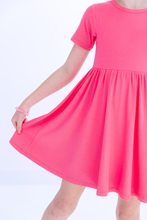 Ribbed Birdie Dress  - Strawberry