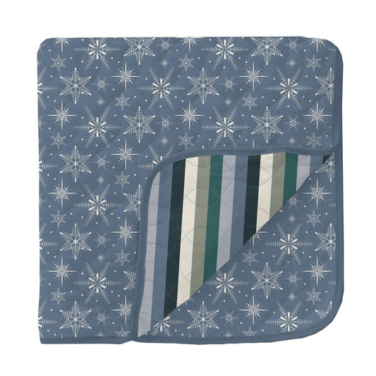 Quilted Toddler Blanket - Parisian Blue Snowflakes with Snowy Stripe