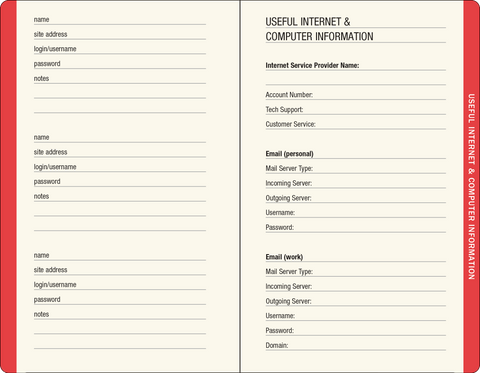 Image shows a fillable information page for useful internet and computer information