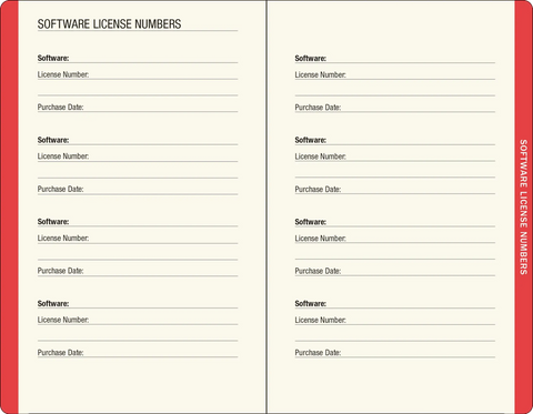 Image shows a fillable information page for software license numbers