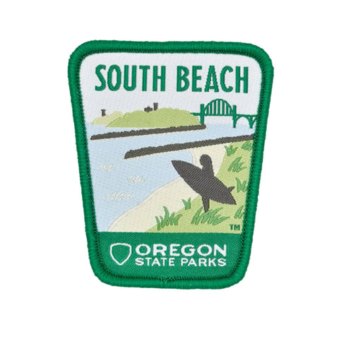 Image shows South Beach State Park on an iron-on patch. It reads "South Beach" above and "Oregon State Parks" below.