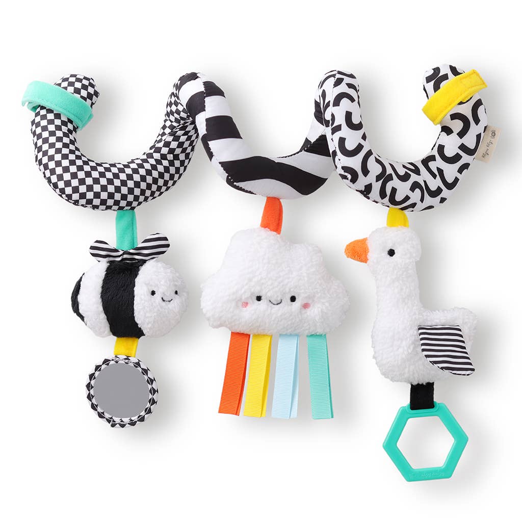 Image shows a baby toy with a spiral on top, then a bee, a cloud, and a seagull hanging from it. Each has a toy hanging from it as well.