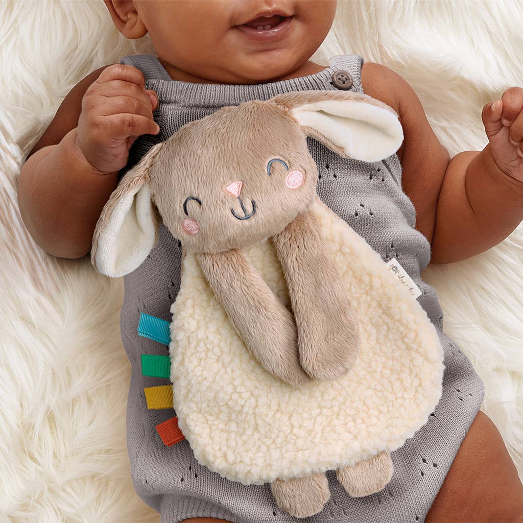 Image shows a baby holding a bunny lovey