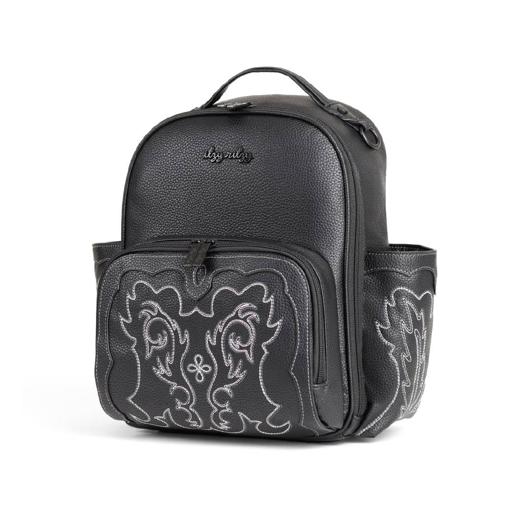 Image shows a black backpack style diaper back with western-looking embroidery on the front and side pockets