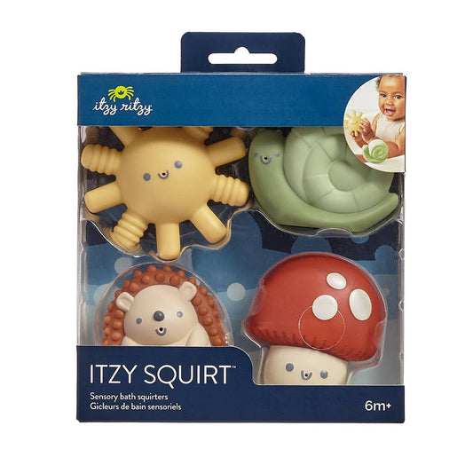 Image shows a package of 4 bath toys - a sun, a snail, a hedgehog, and a red cap mushroom